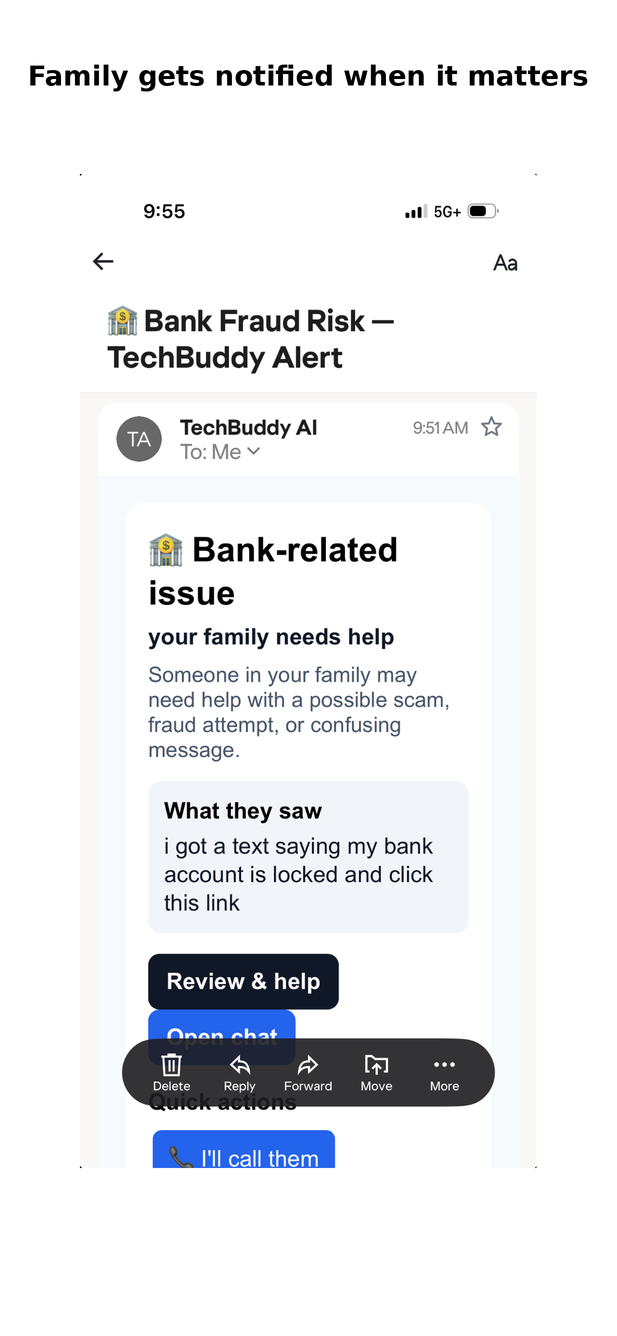 TechBuddy AI family alert email showing a bank fraud risk alert and quick review button.