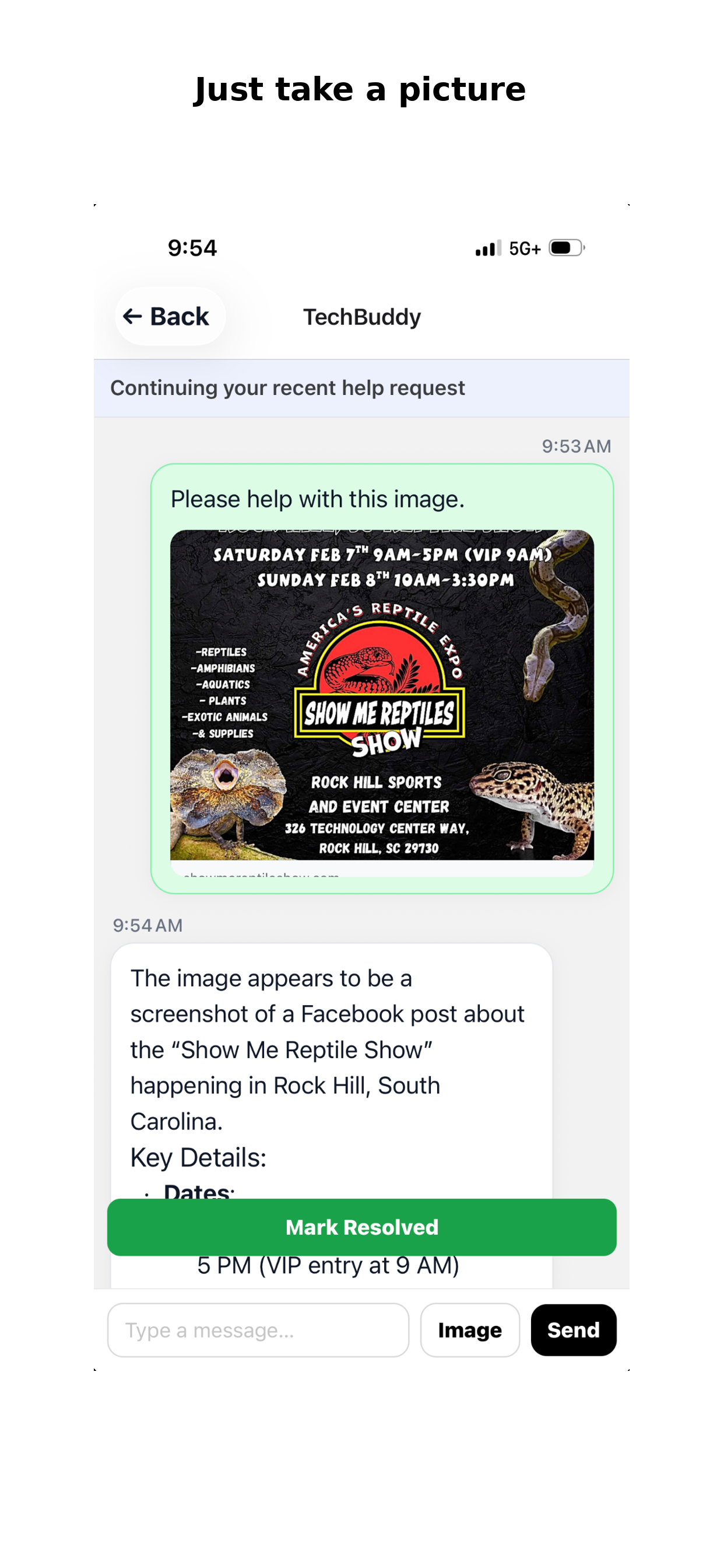 TechBuddy AI screen where a senior shares a photo and gets help understanding what is shown.