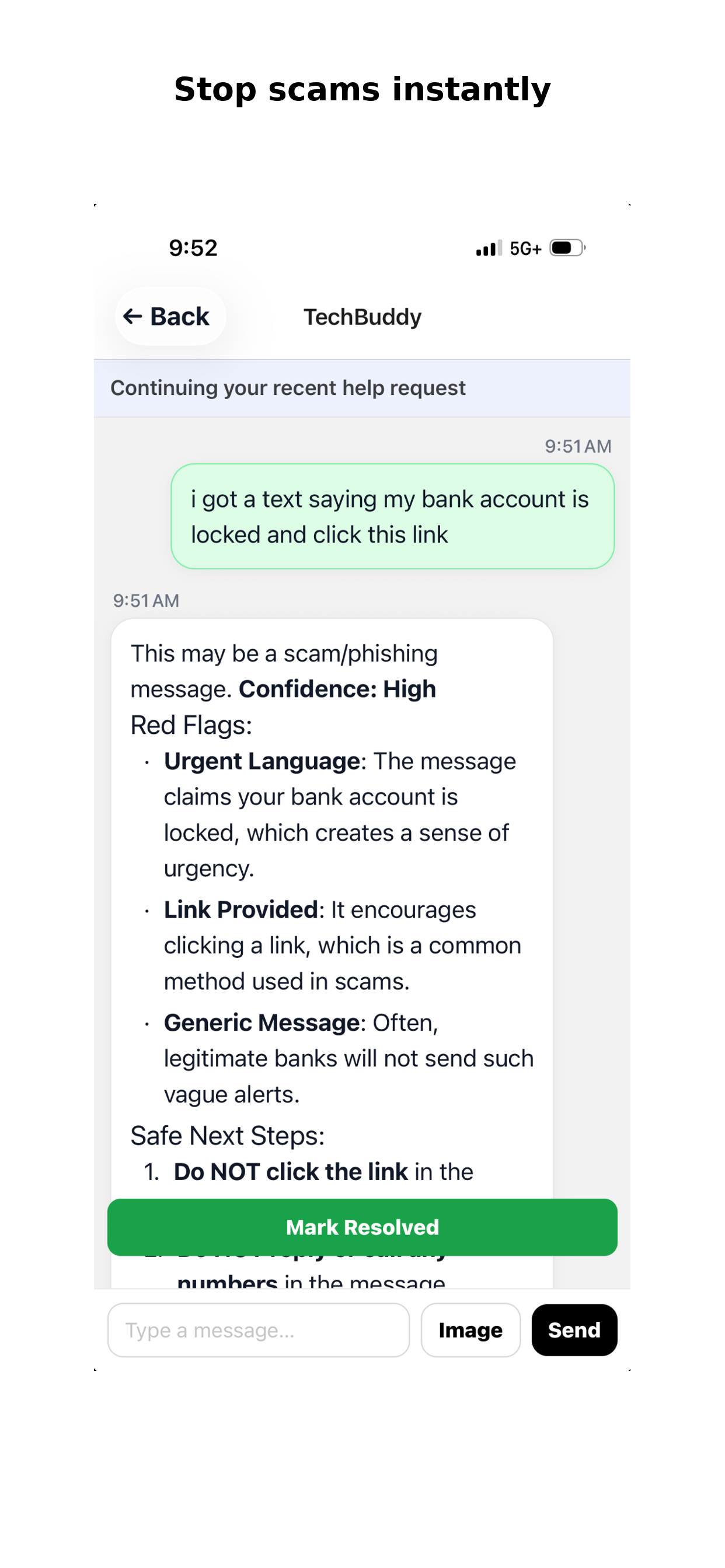 TechBuddy AI conversation screen warning that a bank account locked text may be a scam or phishing attempt.