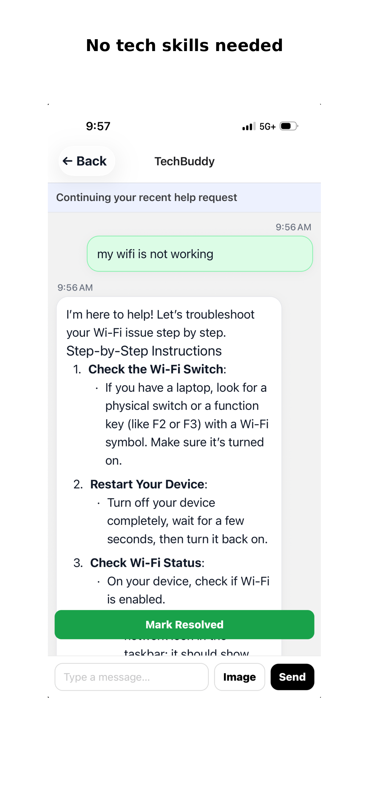TechBuddy AI conversation screen walking a senior through Wi-Fi troubleshooting step by step.